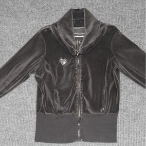 Twisted Heart Brown Velour Zip Up Jacket Heart Rhinestone Womens S‎ High Neck